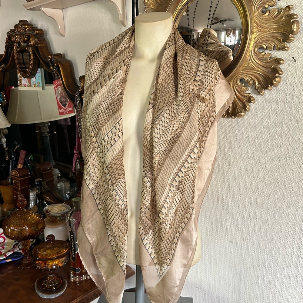 Vintage Tan & Cream Silk Chiffon Scarf - Picture 3 of 13
